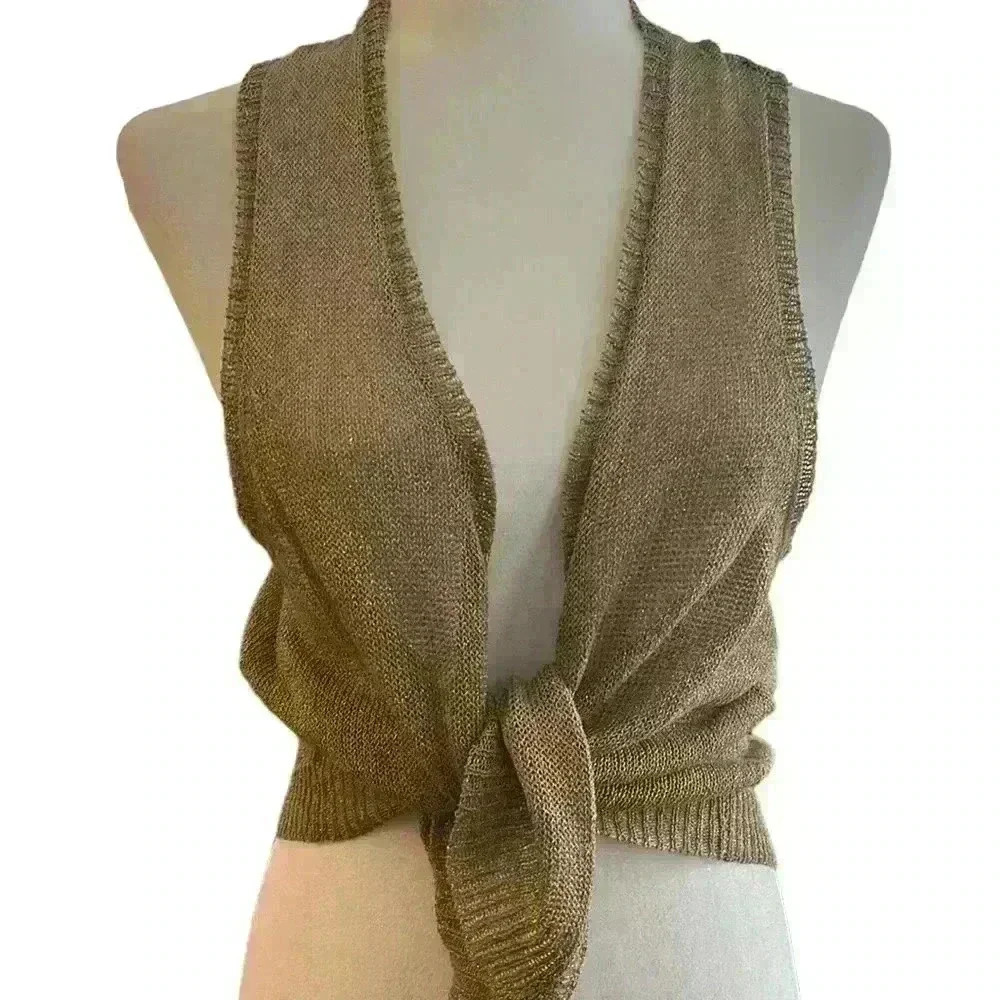 LC Lauren Conrad Metallic Taupe Knit Tie-Front Vest
